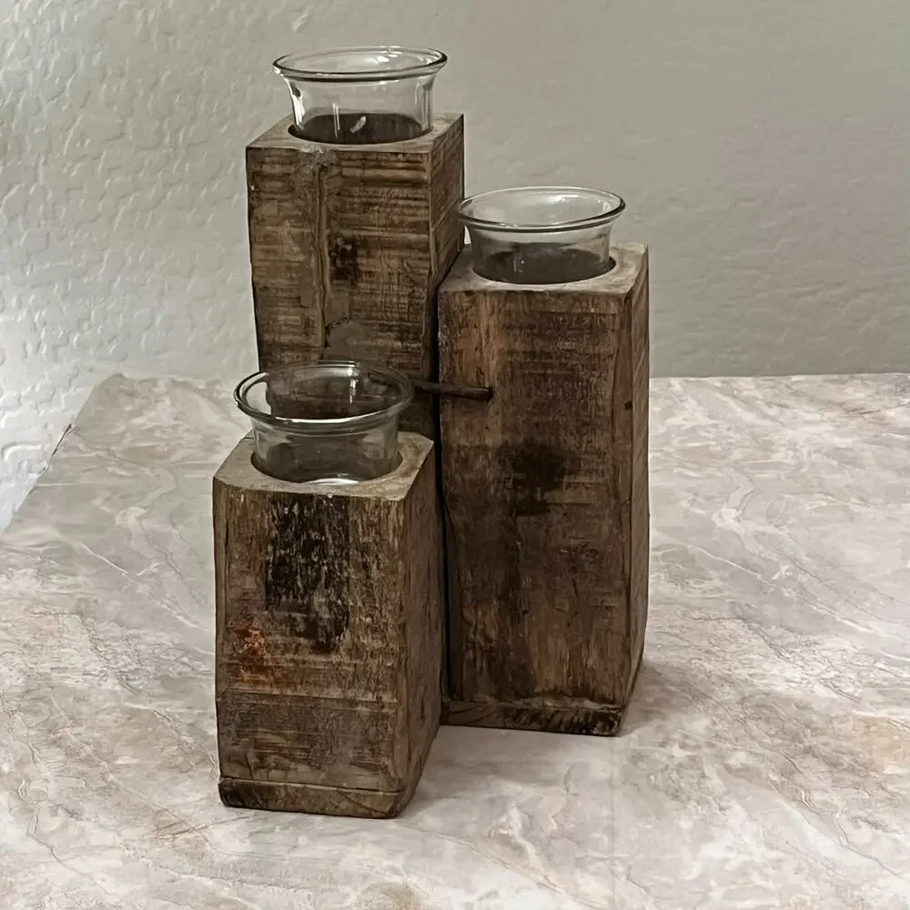 Rustic Square Wood Glass Tealight Holder 10.5